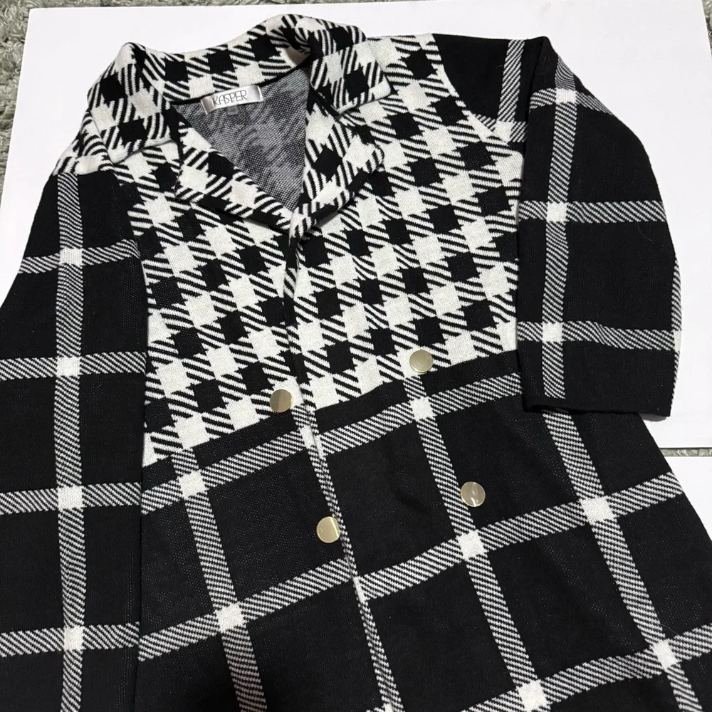 Kasper Women's Houndstooth Black & White Notch Collar Open-Front Sweater Size 1X - Picture 2 of 9